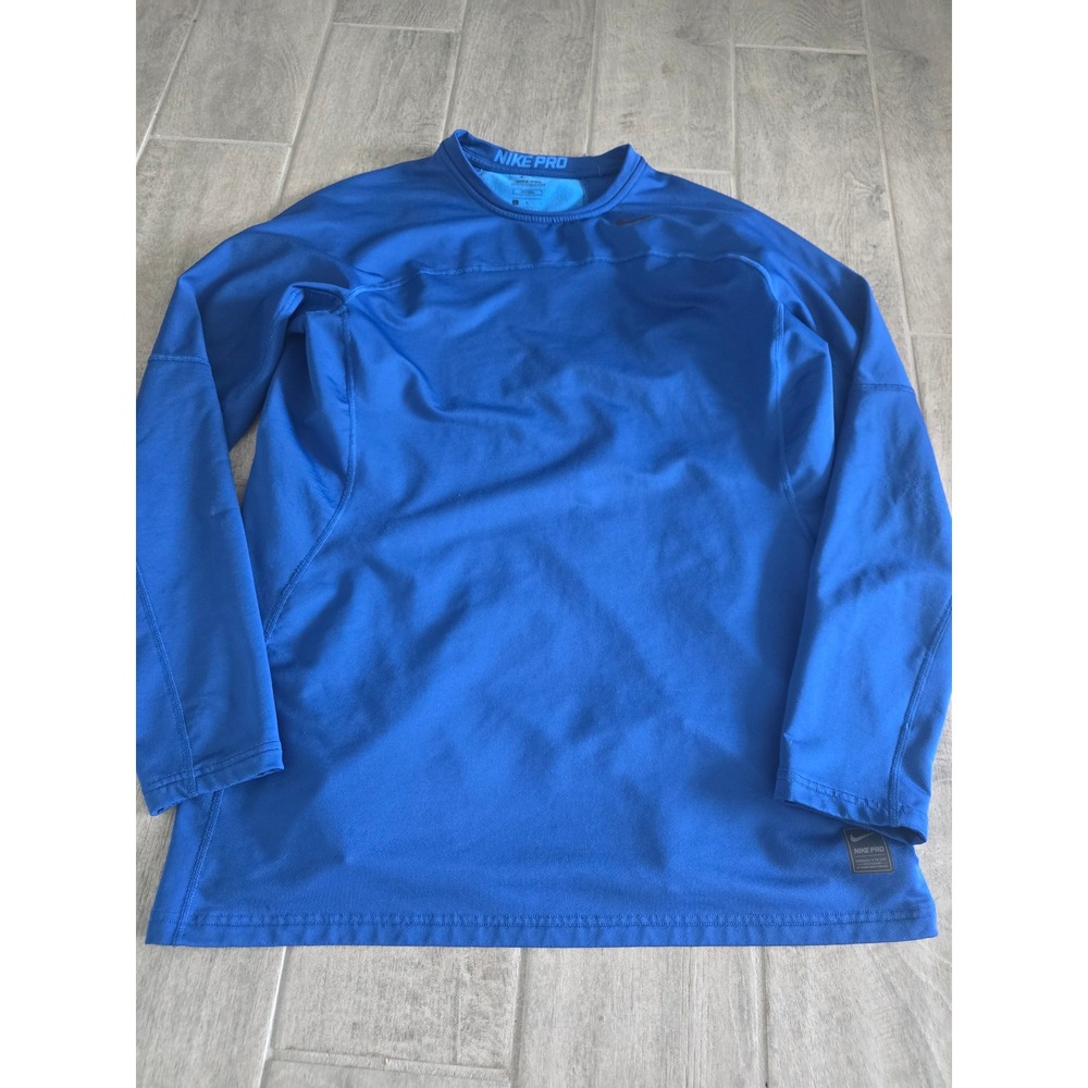Nike Pro Hyperwarm Mens Large Blue‎ Fitted Long Sleeve Training Base Layer Shirt